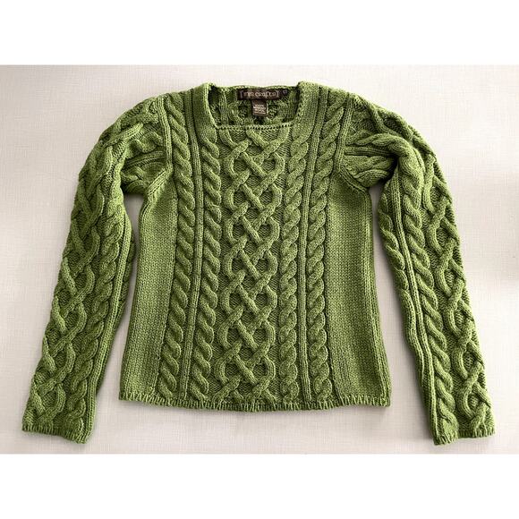 Inis Crafts Sz S Cable Knit Sweater Green Merino Wool Fisherman Ireland Cottage - Picture 3 of 10